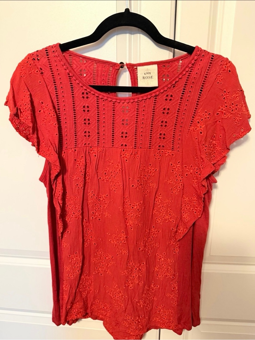 Knox Rose Coral Red Eyelet Flutter Sleeve Blouse